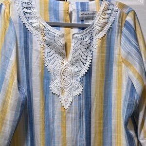 Alfred Dunner Yellow, Blue and White Striped Tunic with Lace V-Neck